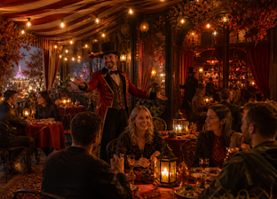 A performer in a top hat entertains guests dining at candlelit tables under a striped tent decorated with string lights and foliage.