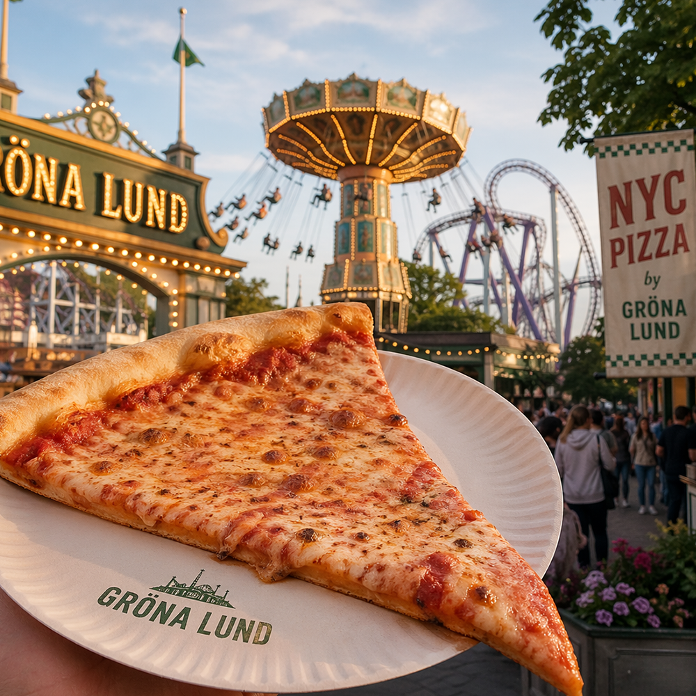 A slice of cheese pizza on a paper plate in front of the Gröna Lund amusement park, with a swing ride and roller coaster in the background.