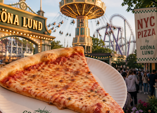 En bit ostpizza på en tallrik hålls upp framför entrén till Gröna Lunds nöjespark, med en gunga och en berg- och dalbana i bakgrunden.