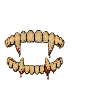 Illustration av övre och undre vampyrtänder med bloddroppar på spetsarna, mot en enfärgad vit bakgrund.