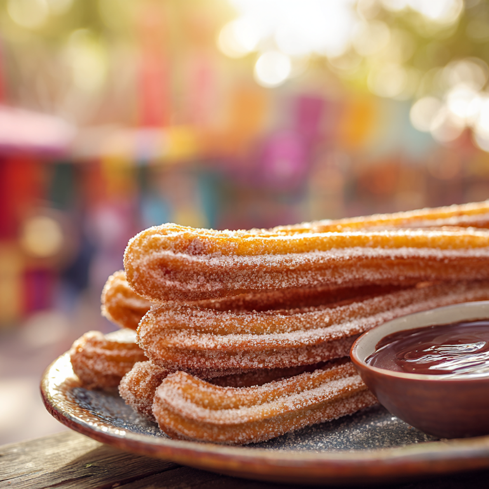 En tallrik med sockeröverdragna churros serveras med en skål med chokladsås; färgstark utomhusmiljö är suddig i bakgrunden.