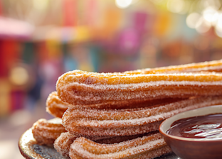En tallrik med sockeröverdragna churros serveras med chokladsås, på ett bord utomhus med en suddig färgstark bakgrund.