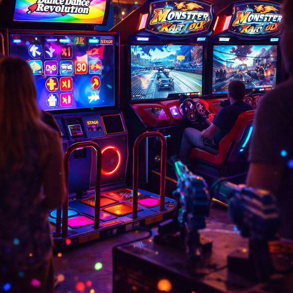 Människor spelar arkadspel, bland annat en körsimulator och en Dance Dance Revolution-maskin, i en svagt upplyst arkad med färgglada lampor och reflexer.