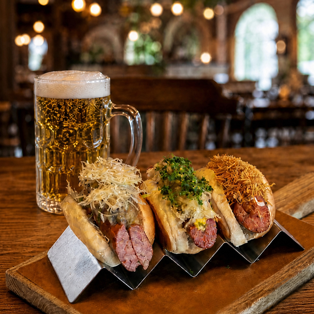 En glasmugg med öl står bredvid tre gourmetkorvar i bröd, var och en toppad med olika tillbehör, på ett träbord i en rustik restaurangmiljö.