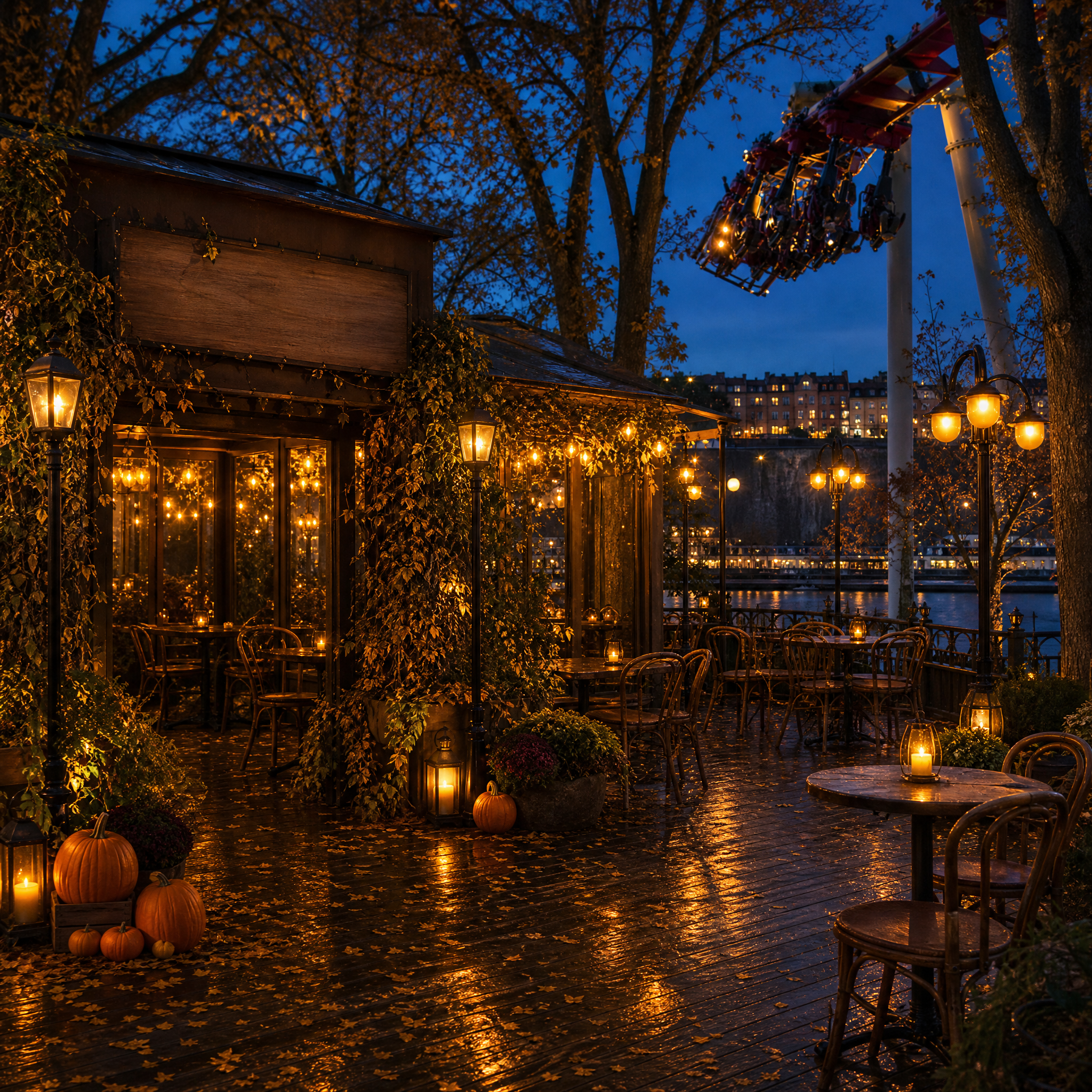 Outdoor café patio at dusk with string lights, pumpkins, and empty tables; trees with autumn leaves; roller coaster track and train overhead; city buildings visible in the background.