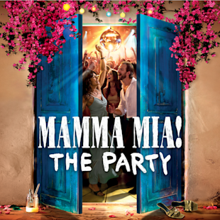 Reklamaffisch för ”Mamma Mia! The Party” som visar människor som dansar innanför en öppen blå dörr omgiven av bougainvillea.