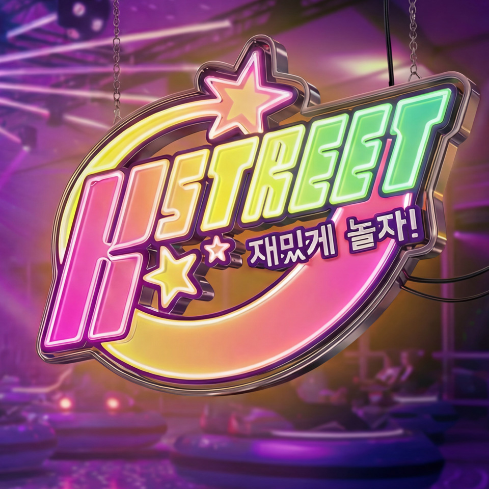 Neon "K Street" sign with Korean text hangs in a colorful, vibrant arcade with a disco ball and bumper cars in the background; a drink cup is visible in the foreground.