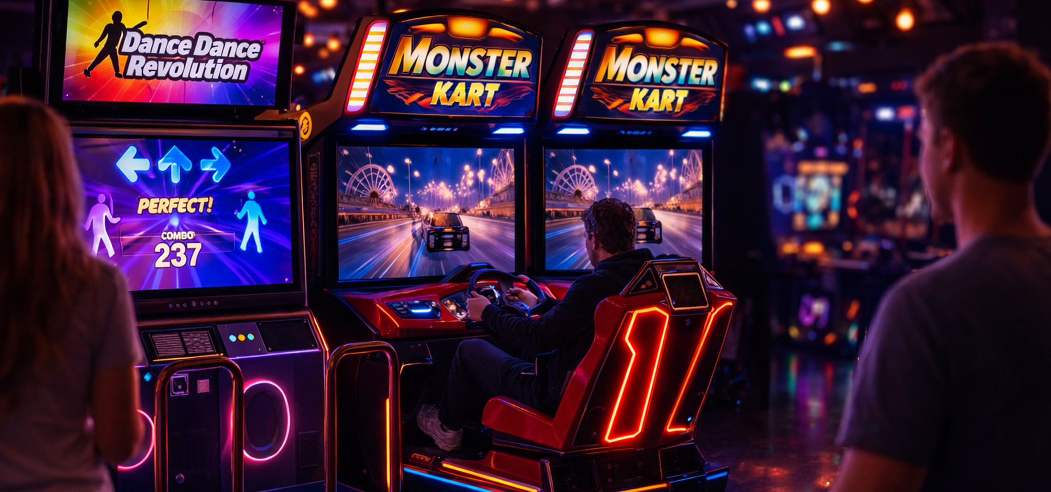 Människor spelar arkadspel i ett svagt upplyst rum; en person spelar Monster Kart racing, medan en annan spelar Dance Dance Revolution.