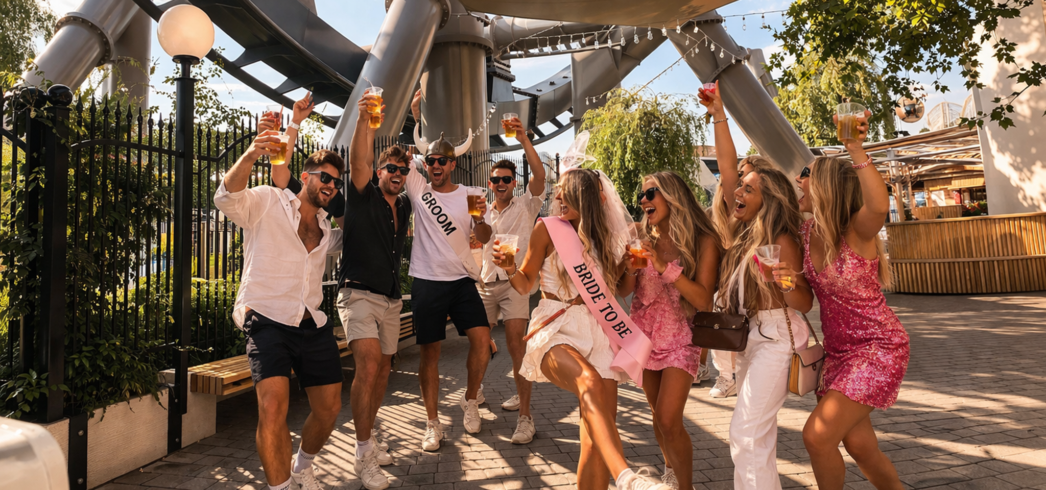 En grupp människor iförda festliga skärp och med drinkar i handen jublar tillsammans utomhus under en åktur i en nöjespark.