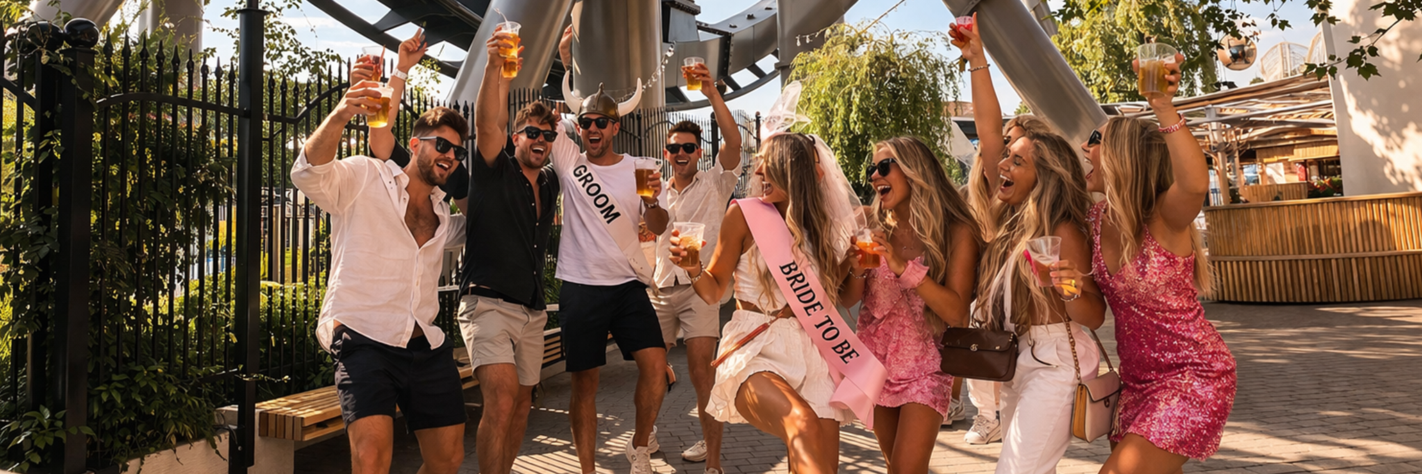 En grupp människor iförda festliga skärp och med drinkar i handen jublar tillsammans utomhus under en åktur i en nöjespark.