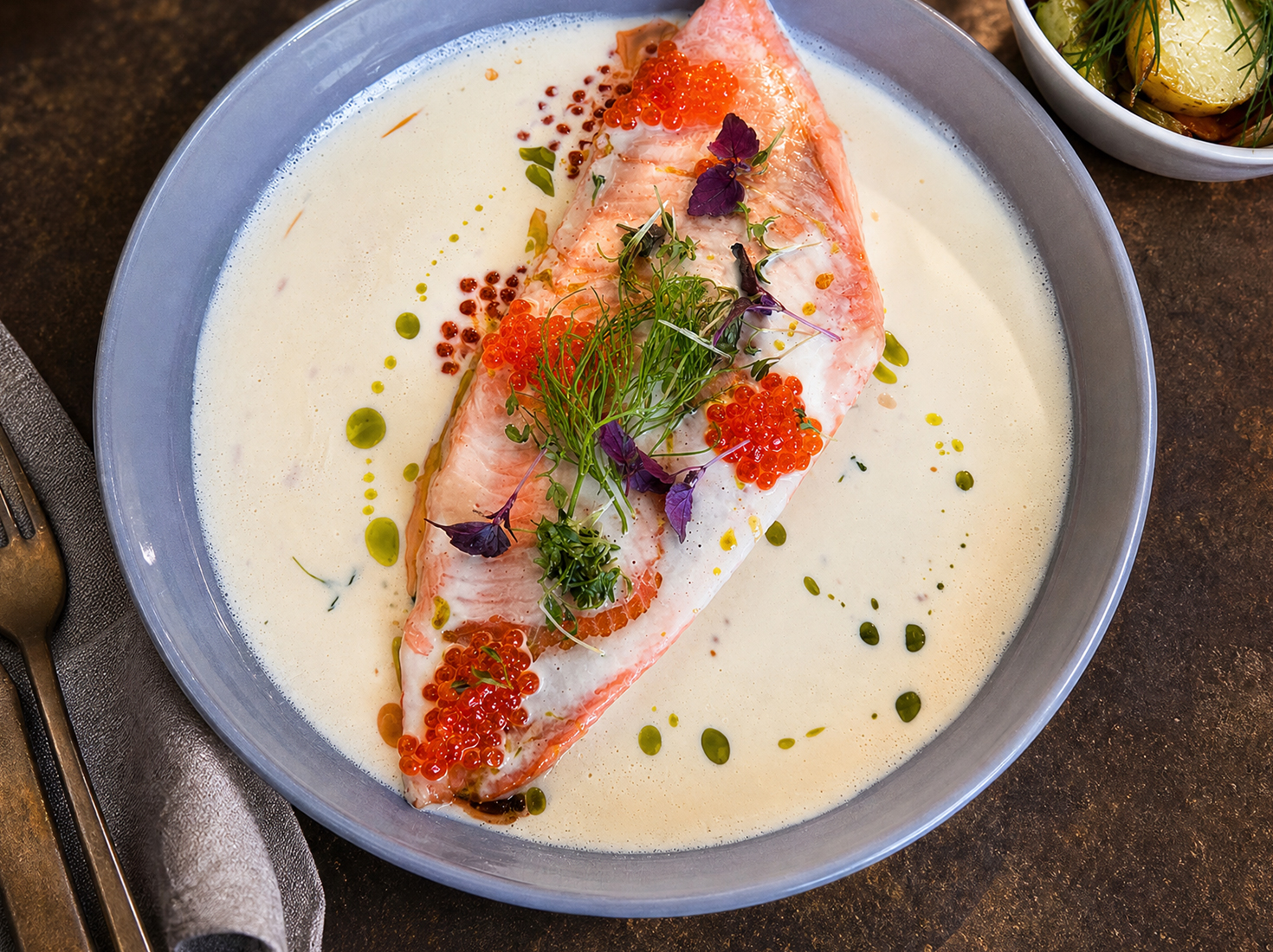 En tallrik med pocherad lax i en krämig vit sås, garnerad med fiskrom, örter och olja, bredvid en skål med ugnsbakade potatisar med färsk dill.