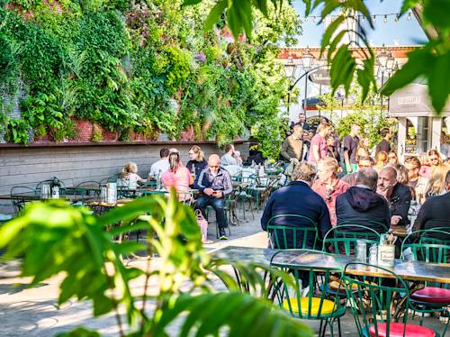 People sit at metal tables and chairs in an outdoor café with a vertical garden wall and greenery, enjoying a sunny day.