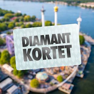 Ett kort med texten "DIAMANT KORTET" visas över en suddig flygbild av en nöjespark vid vattnet.