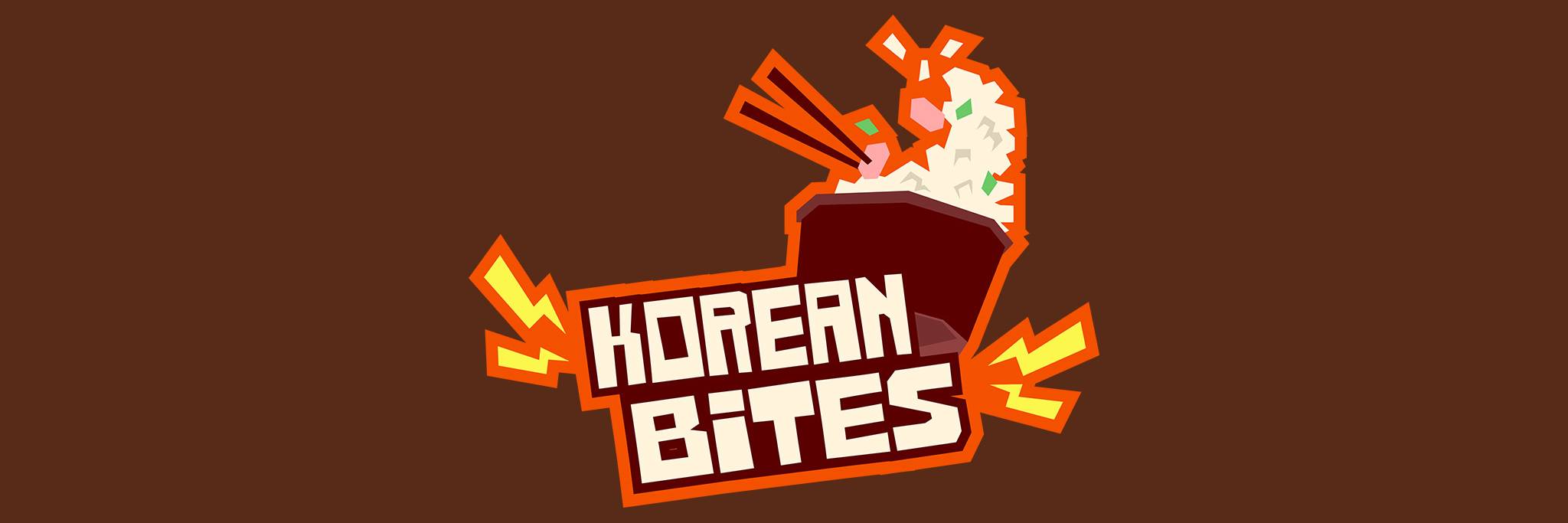 Logo for "Korean Bites" featuring chopsticks holding rice above a red bowl, with stylized orange accents on a brown background.