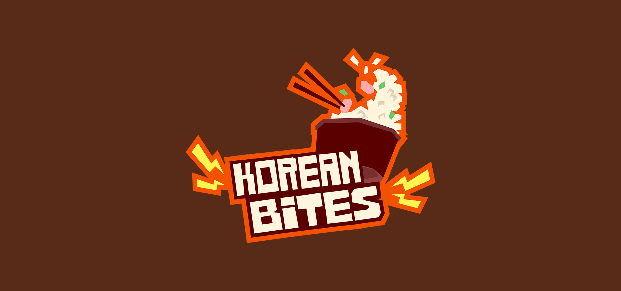 Logotyp med orden "Korean Bites" under en skål med ris och grönsaker med ätpinnar, på en brun bakgrund med orange accenter.