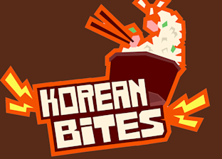 Logo with the text "Korean Bites" below a bowl of rice with chopsticks and colorful toppings, on a brown background with orange accents.