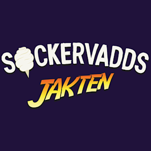 Textlogotyp med texten "Sockervadds Jakten" och en sockervaddsillustration som ersätter "O" i "Sockervadds" på en mörk bakgrund.