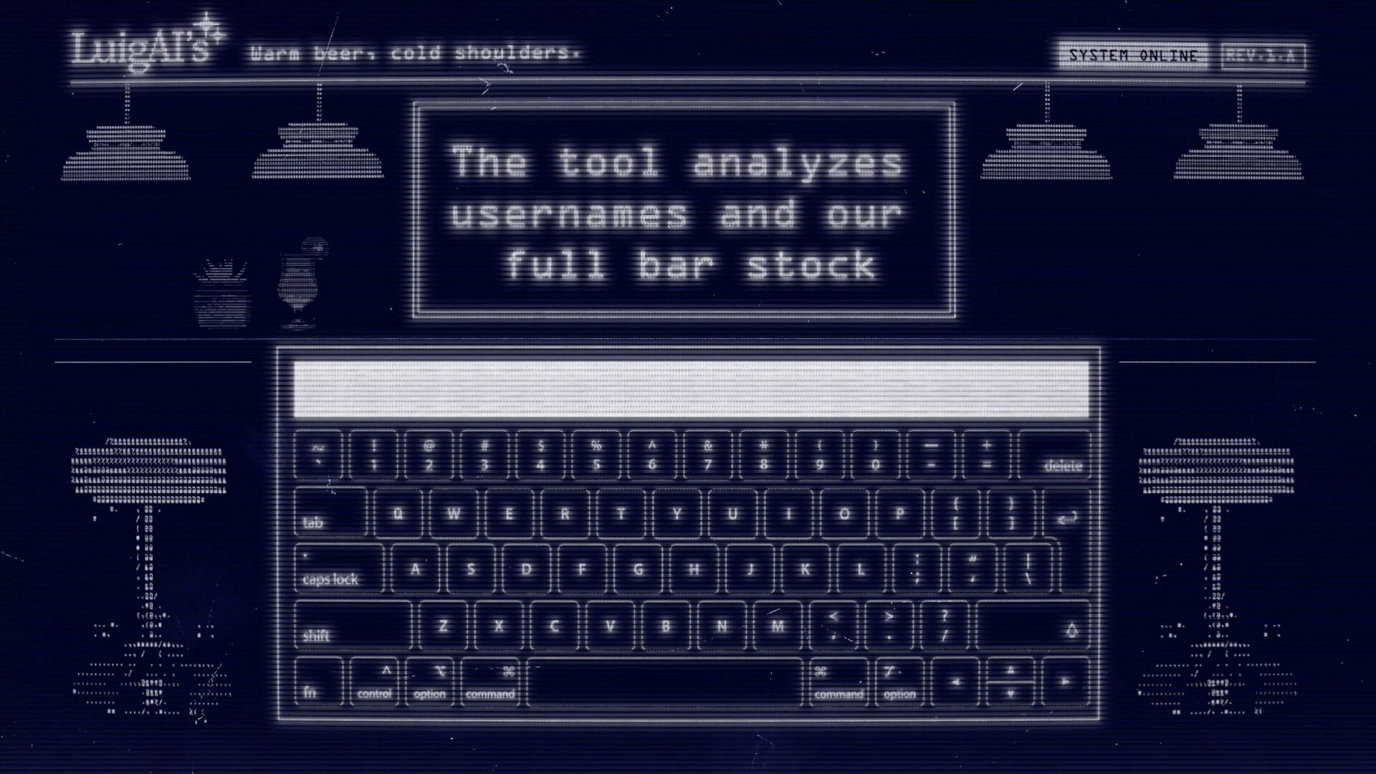 Computer screen with an image of a keyboard, and above the keyboard reads "The tool analyzes usernames and our full bar stock".