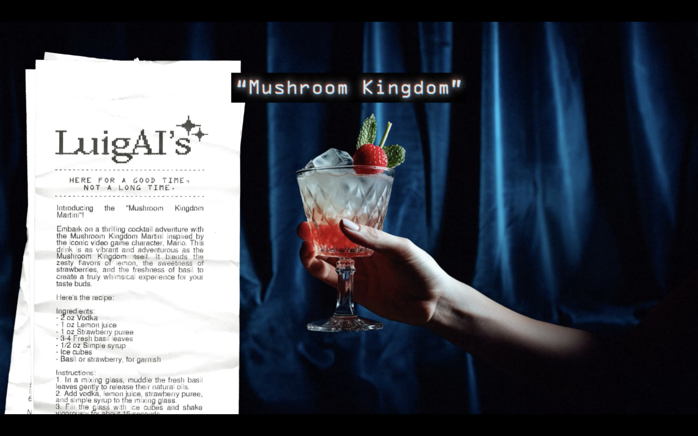 LuigAi recipe printed on a piece of receipt paper, with a hand holding a cocktail labelled "Mushroom Kingdom"