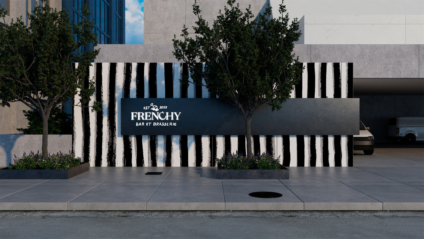 Frenchy striped pattern and logo lockup on one of the exterior walls of the Hilton hotel in downtown Toronto.