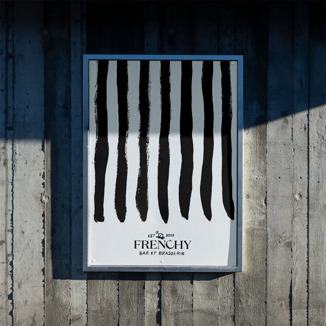 A framed poster with the Frenchy stripe pattern and the Frenchy logo lockup. 