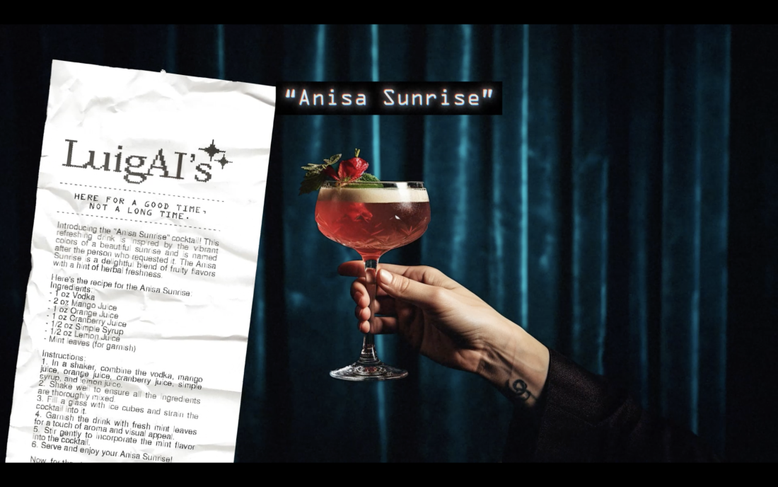 LuigAI recipe printed on a piece of receipt paper with a hand holding a pink cocktail labelled "Anisa Sunrise"