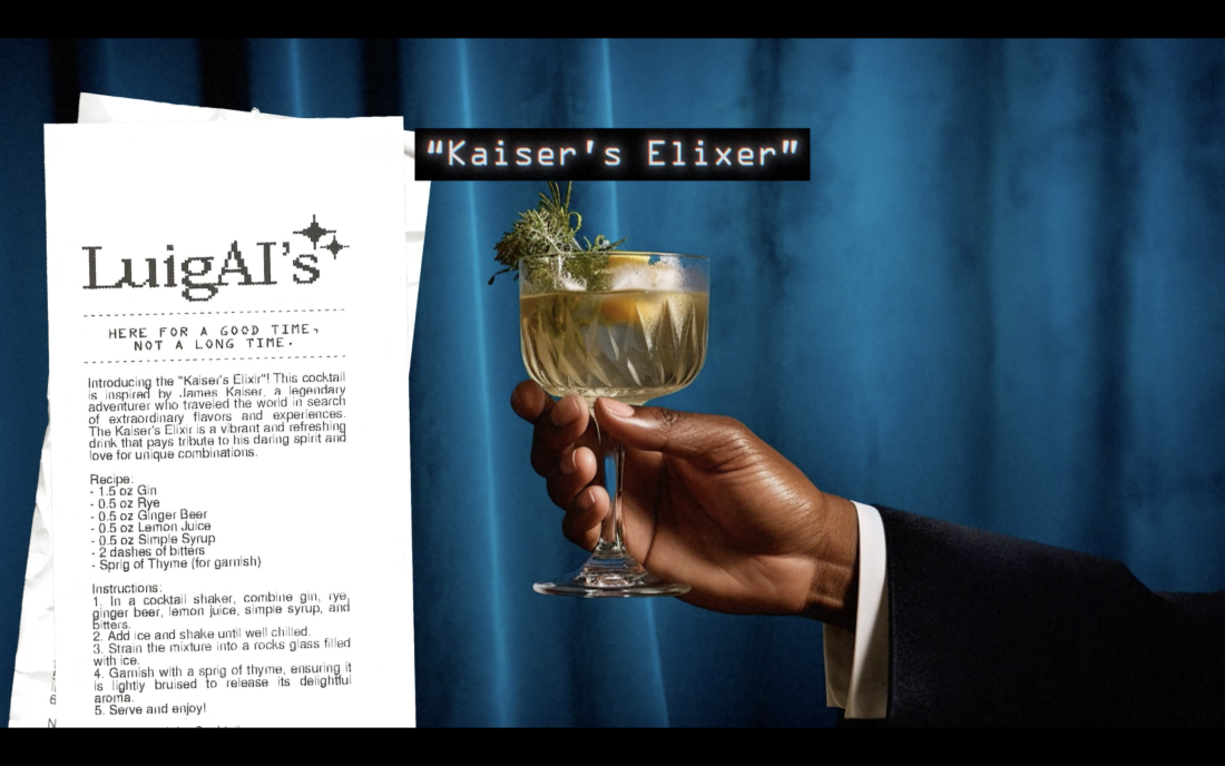 LuigAI recipe printed on a piece of receipt paper, with a hand holding a cocktail labelled "Kaiser's Elixer"