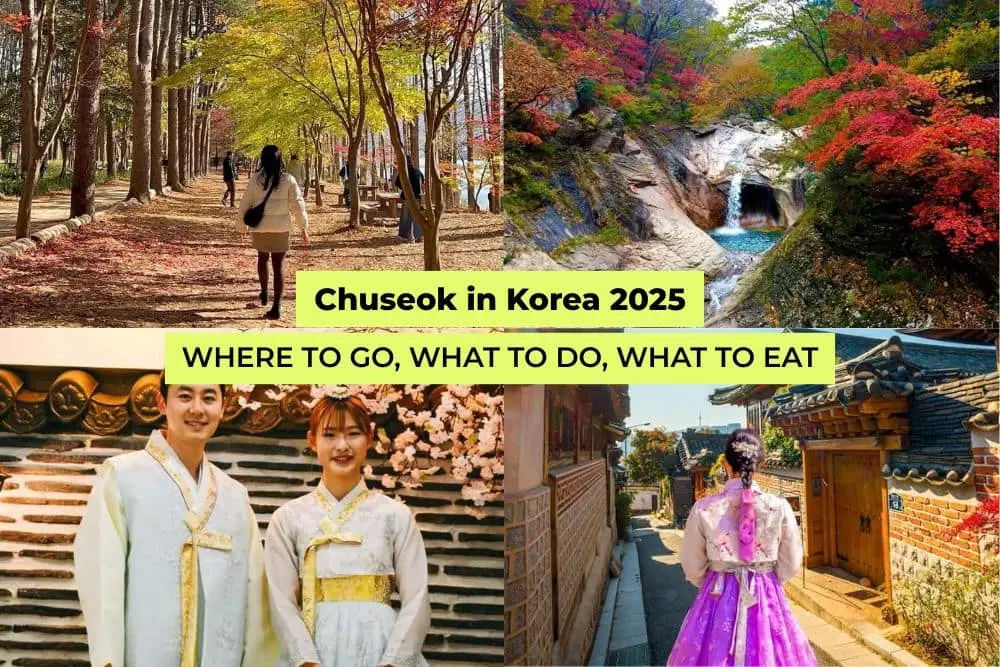 Chuseok in Korea 2025 collage with festive food table, songpyeon rice cakes, hanbok street scene, and Gyeongbokgung Palace in autumn.