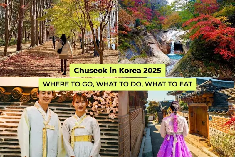 Chuseok in Korea 2025 collage with festive food table, songpyeon rice cakes, hanbok street scene, and Gyeongbokgung Palace in autumn.