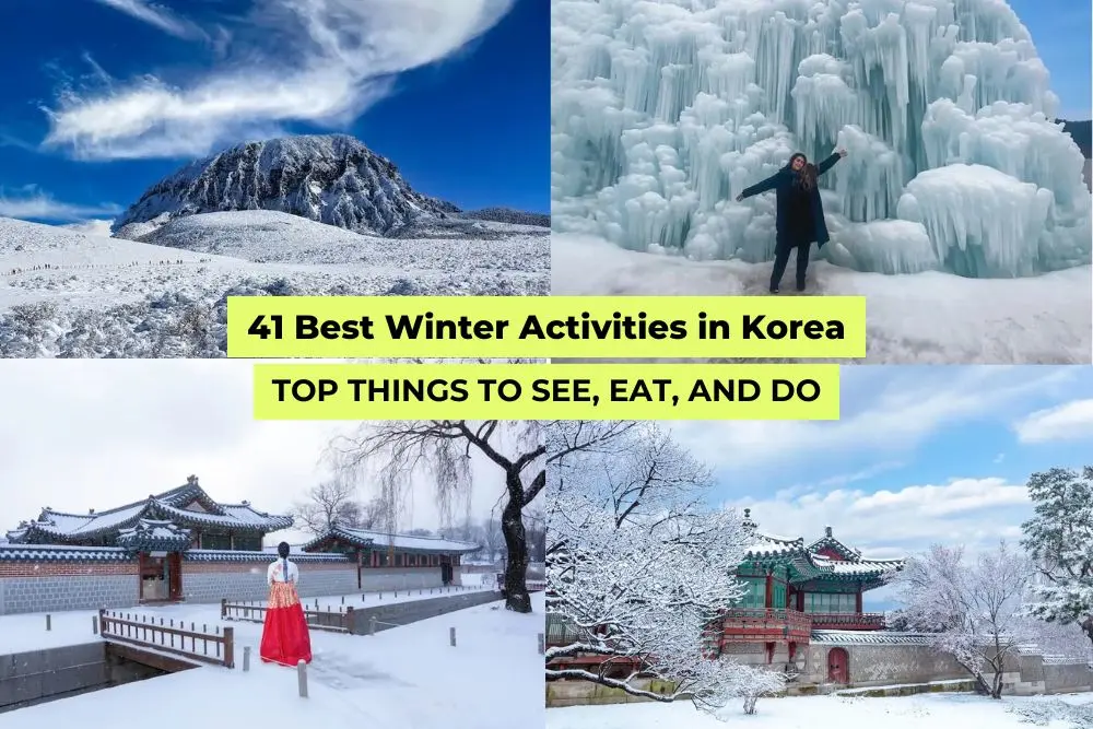 Collage featuring Korea’s best winter activities: festive lights at E-World, icy formations at Chilgapsan, and snowy palaces in Seoul.