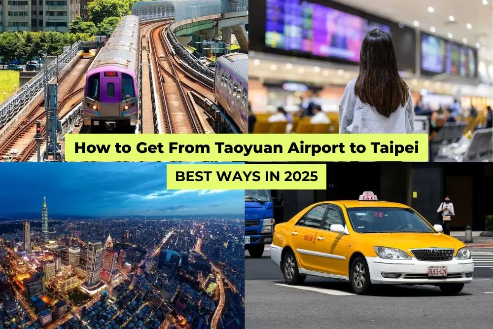 Collage of MRT, bus, taxi, and private car showing transport options from Taoyuan Airport to Taipei with guide title overlay.
