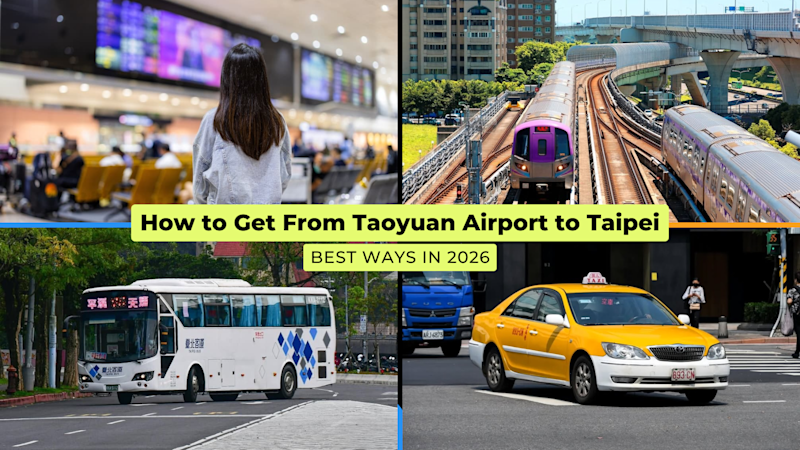 Collage of MRT, bus, taxi, and private car showing transport options from Taoyuan Airport to Taipei with guide title overlay.