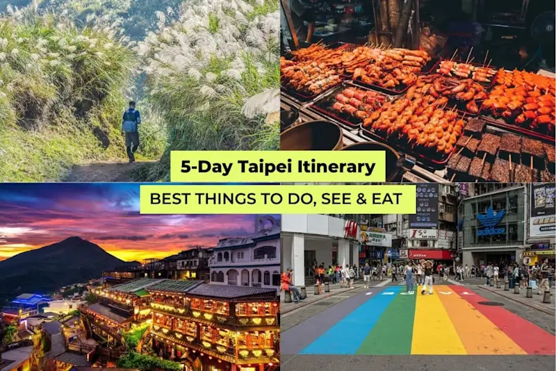 Collage of Taipei highlights with hiking trails, night market food, Jiufen’s lantern-lit hillside, and Ximending’s rainbow street.