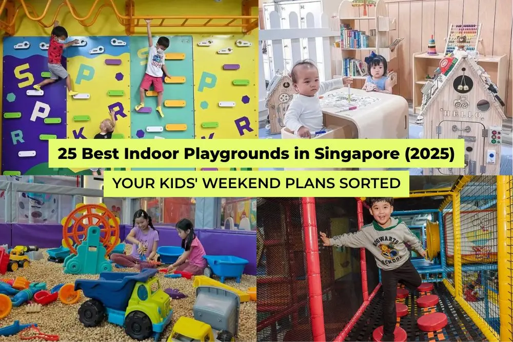 Collage of kids playing at colourful indoor playgrounds in Singapore with climbing walls, play zones, and sensory play areas.