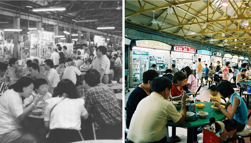 two photos of a hawker scene, one on the left is black and white, and the one on the right is coloured.
