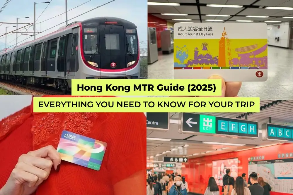 A collage of Hong Kong MTR images featuring trains, travel cards, and station signage with the title ‘Hong Kong MTR Guide (2025).