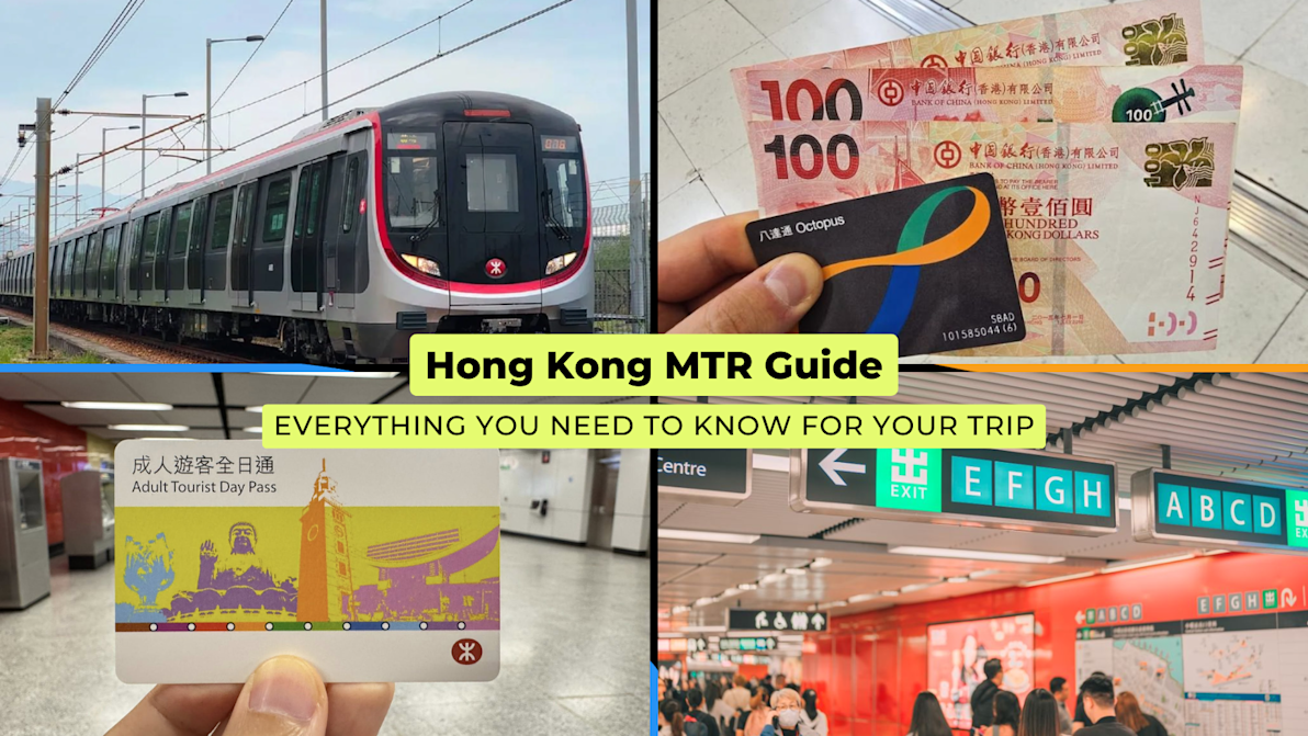 A collage of Hong Kong MTR images featuring trains, travel cards, and station signage with the title ‘Hong Kong MTR Guide (2025).