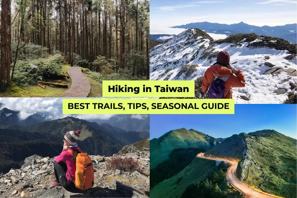 Collage of hikers on Taiwan trails with mountains, forests, and waterfalls, promoting a hiking in Taiwan seasonal guide.