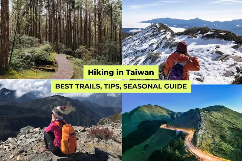 Collage of hikers on Taiwan trails with mountains, forests, and waterfalls, promoting a hiking in Taiwan seasonal guide.