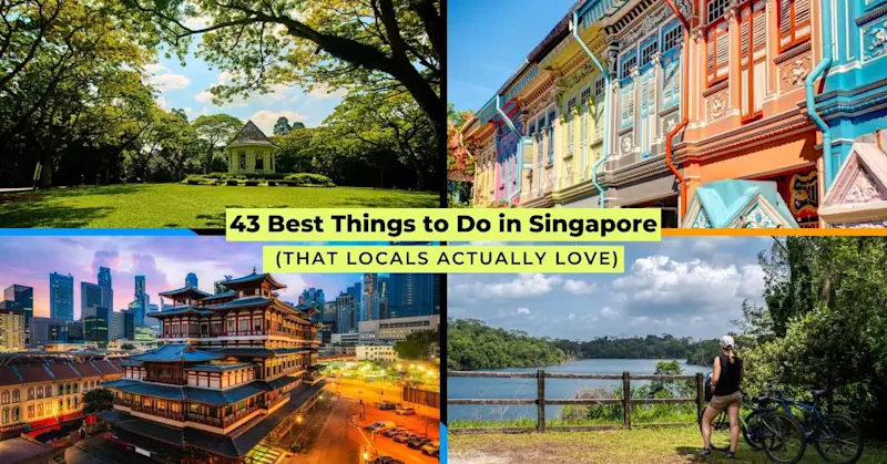 A collage of four images: top left shows a gazebo in a lush park; top right, colourful shophouses; bottom left, a temple in a city skyline at dusk; bottom right, a person with bikes by a lake.