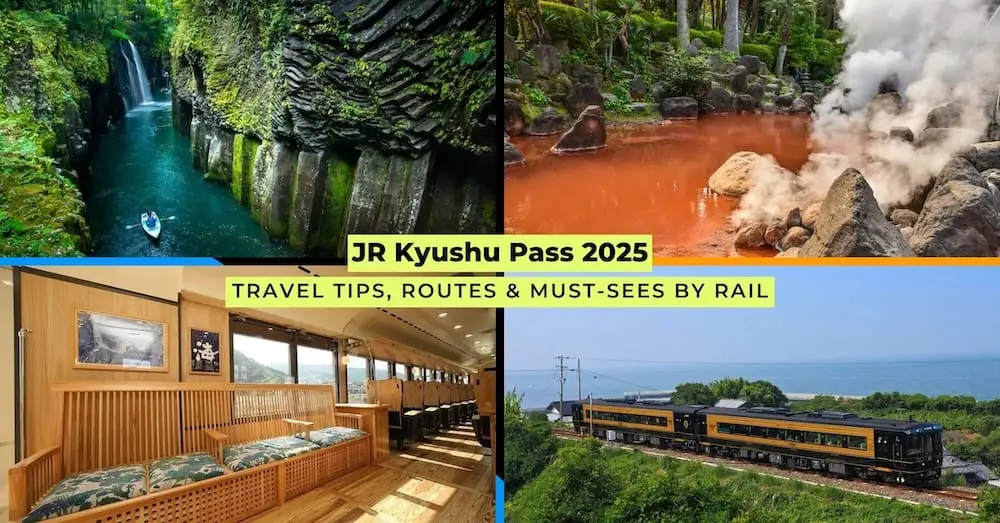 Collage of JR Kyushu sights: Takachiho Gorge, Beppu Hells, scenic train interior, and a limited express train by the coastline.