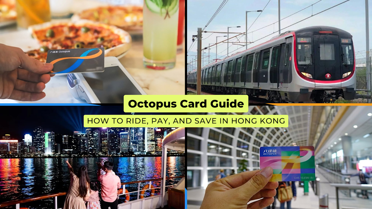 Collage showing Octopus card usage in Hong Kong, including tapping to pay, the Octopus app, an MTR train, and card payment at a terminal.