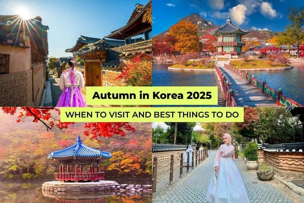 Collage of autumn in Korea 2025 with hanbok, palaces, gardens, and fall foliage, highlighting when to visit and best things to do.