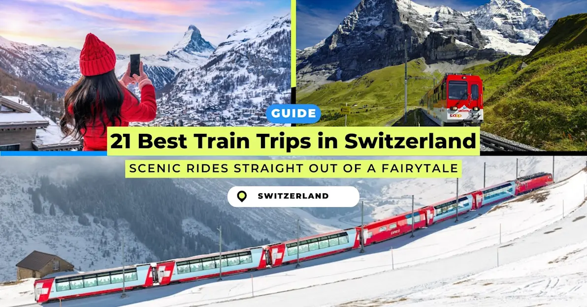 Collage of scenic Swiss trains with snowy Matterhorn, green alpine peaks, and red panoramic trains winding through mountains.