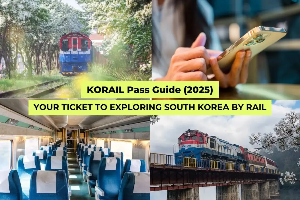 Collage featuring Korean trains, KTX interior, and mobile booking imagery, used as the cover for a 2025 KORAIL Pass travel guide.