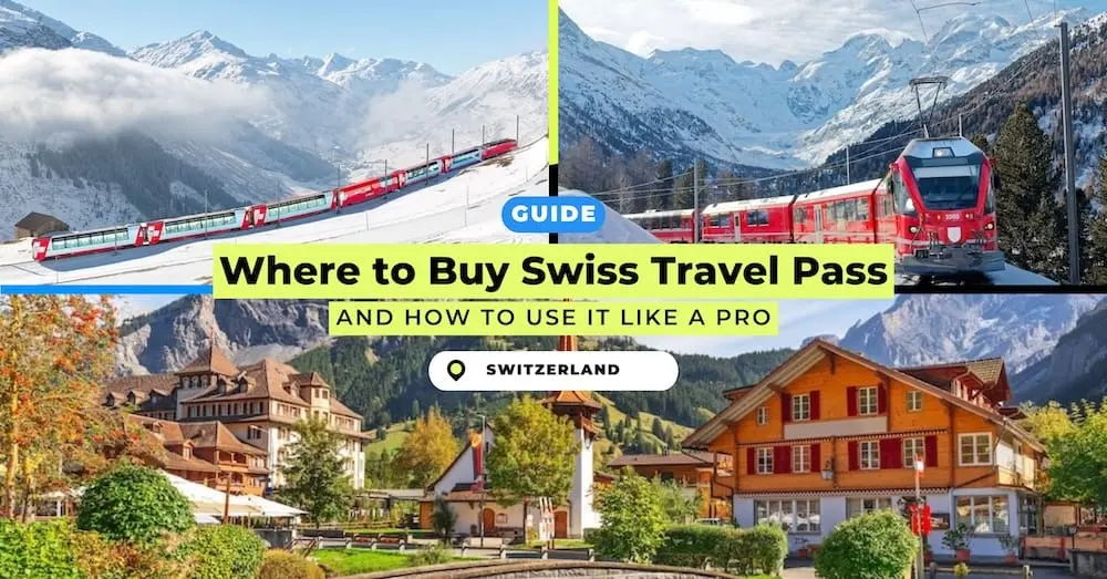 Collage of Swiss trains in snowy Alps and a charming alpine village with text overlay promoting a Swiss Travel Pass guide.