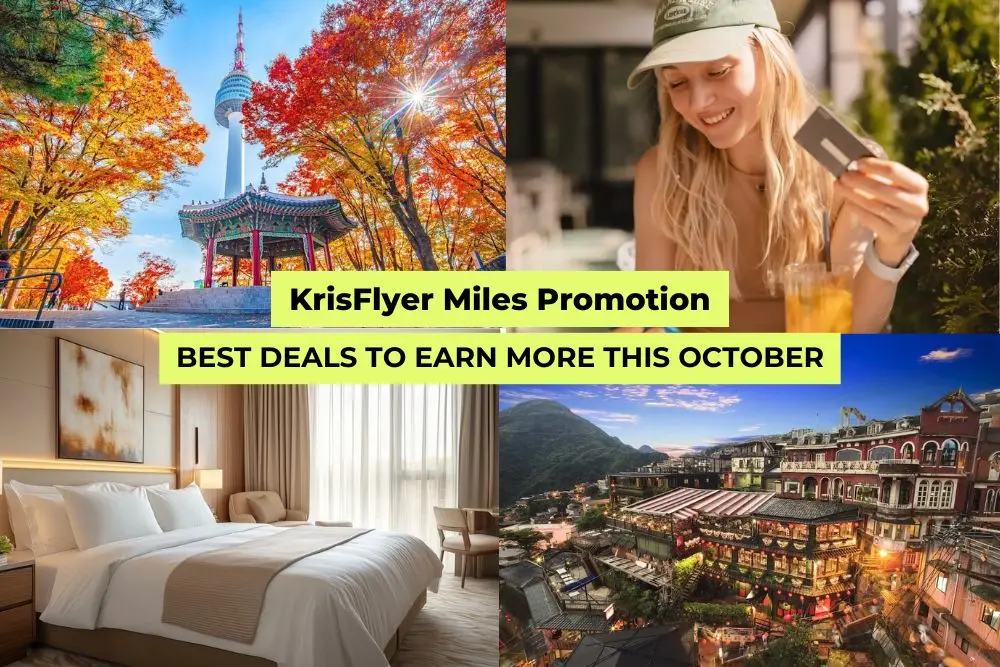 Collage showing a N Seoul Tower, woman booking with credit card, a hotel room, and Jiufen night view for KrisFlyer Miles Promotion.