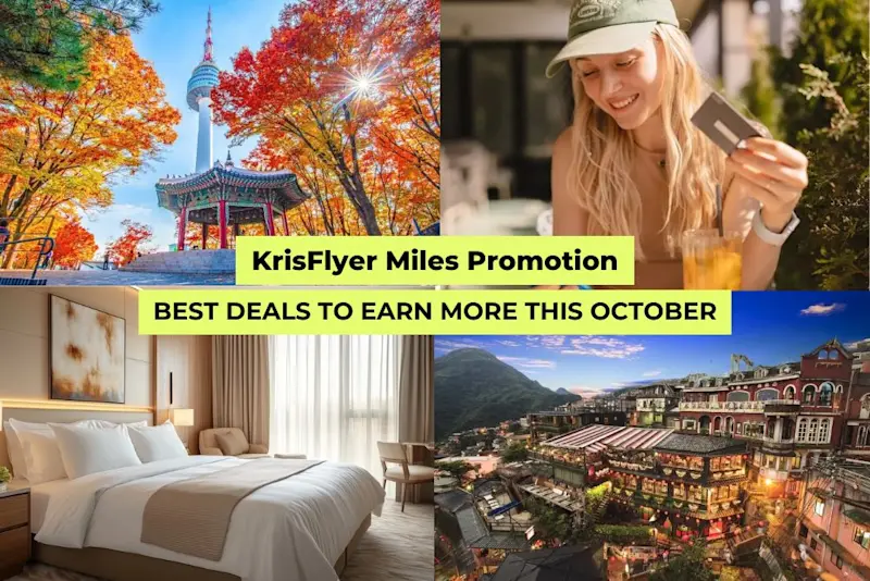 Collage showing a N Seoul Tower, woman booking with credit card, a hotel room, and Jiufen night view for KrisFlyer Miles Promotion.
