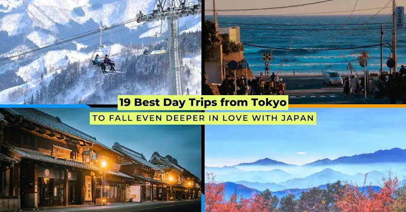 Collage of Tokyo day trip spots—ski lift, seaside road, Edo-era Kawagoe, and mountain views—highlighting Japan’s scenic variety.
