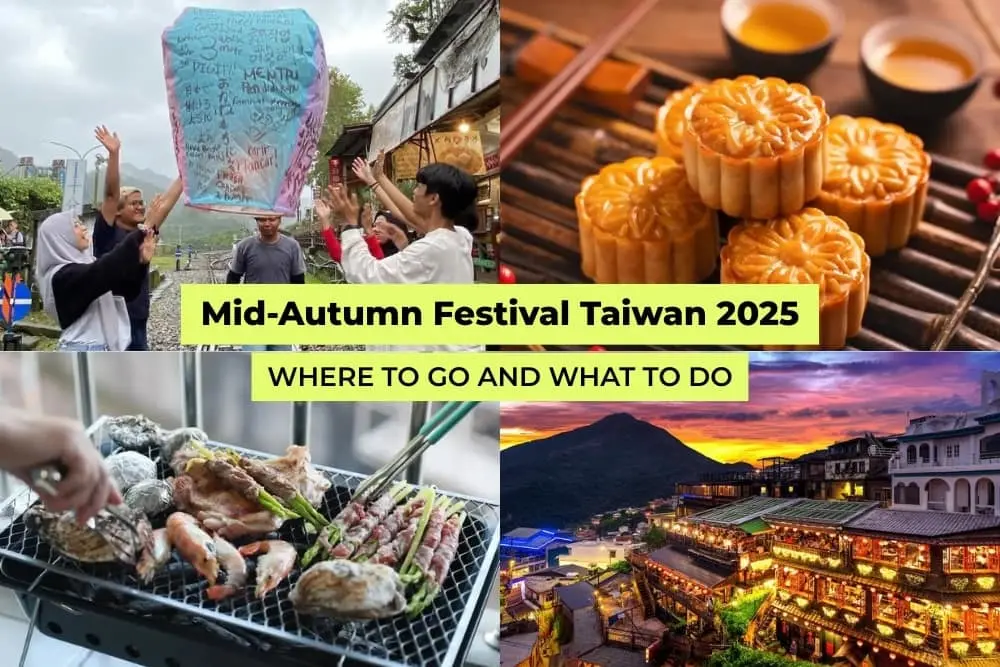 Collage of Mid-Autumn Festival Taiwan 2025 highlights, including sky lanterns, mooncakes, barbecues, and Jiufen Old Street at sunset.